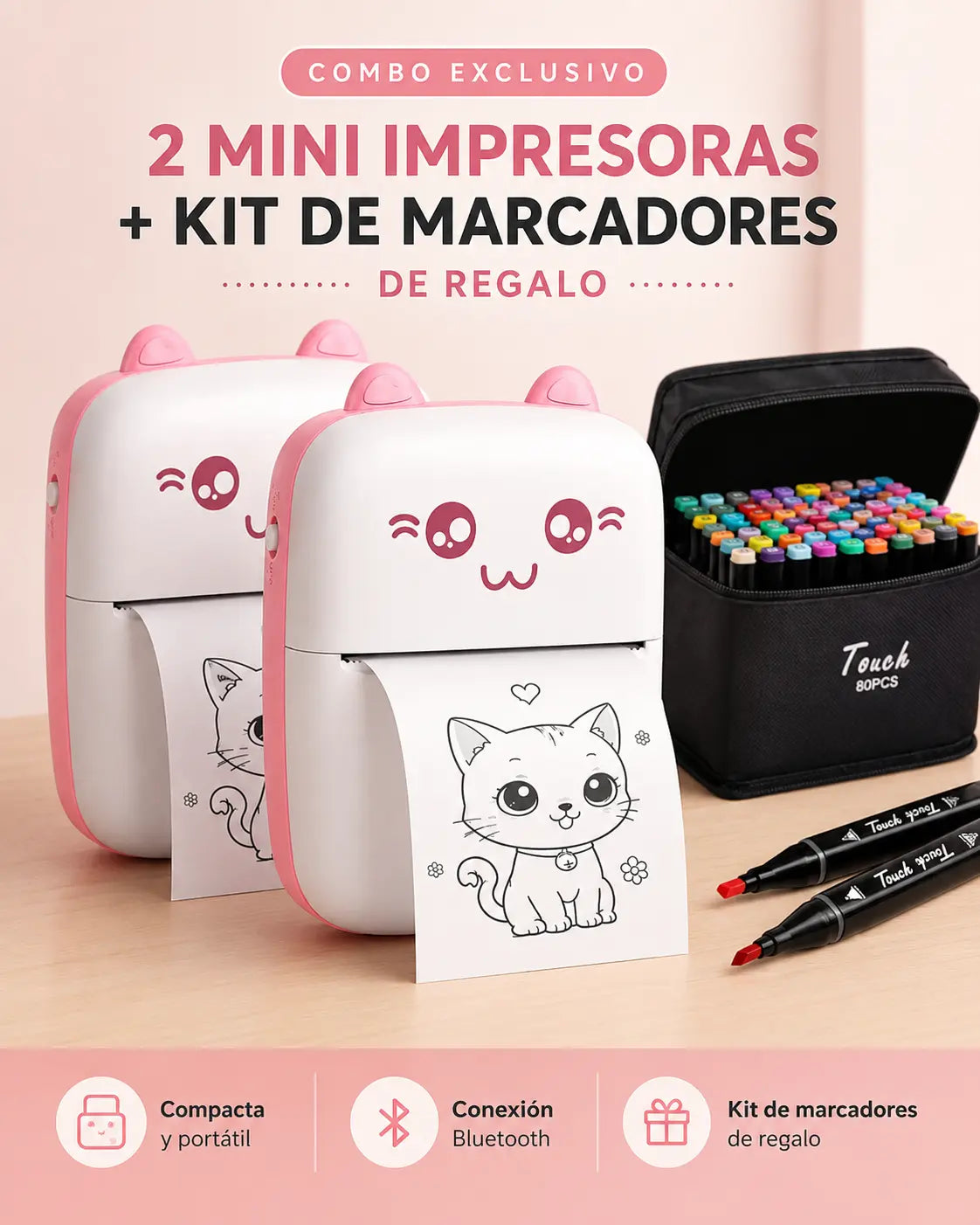 2 MINI IMPRESORAS PORTÁTILES MICHI™ + KIT DE MARCADORES PARA COLOREAR DE REGALO 🎁 [COMBO EXCLUSIVO]